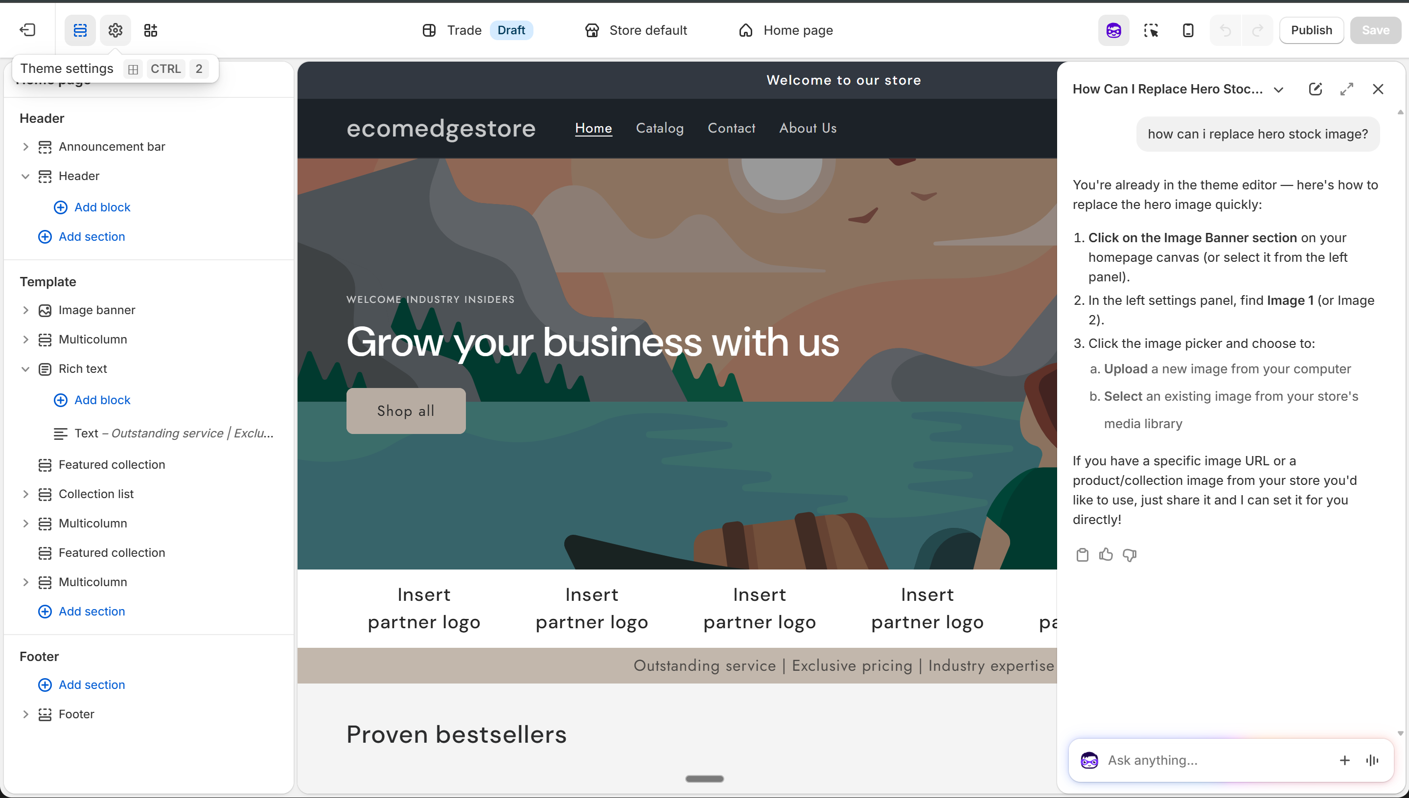 Sidekick AI answering a question about replacing hero image